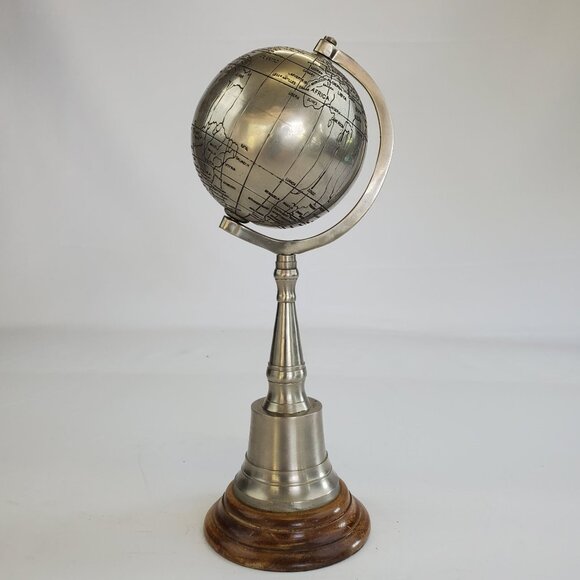 Vintage Chrome Globe Metal on Stand Wooden Base Home Office Art Deco 11'' Tall - Picture 2 of 4